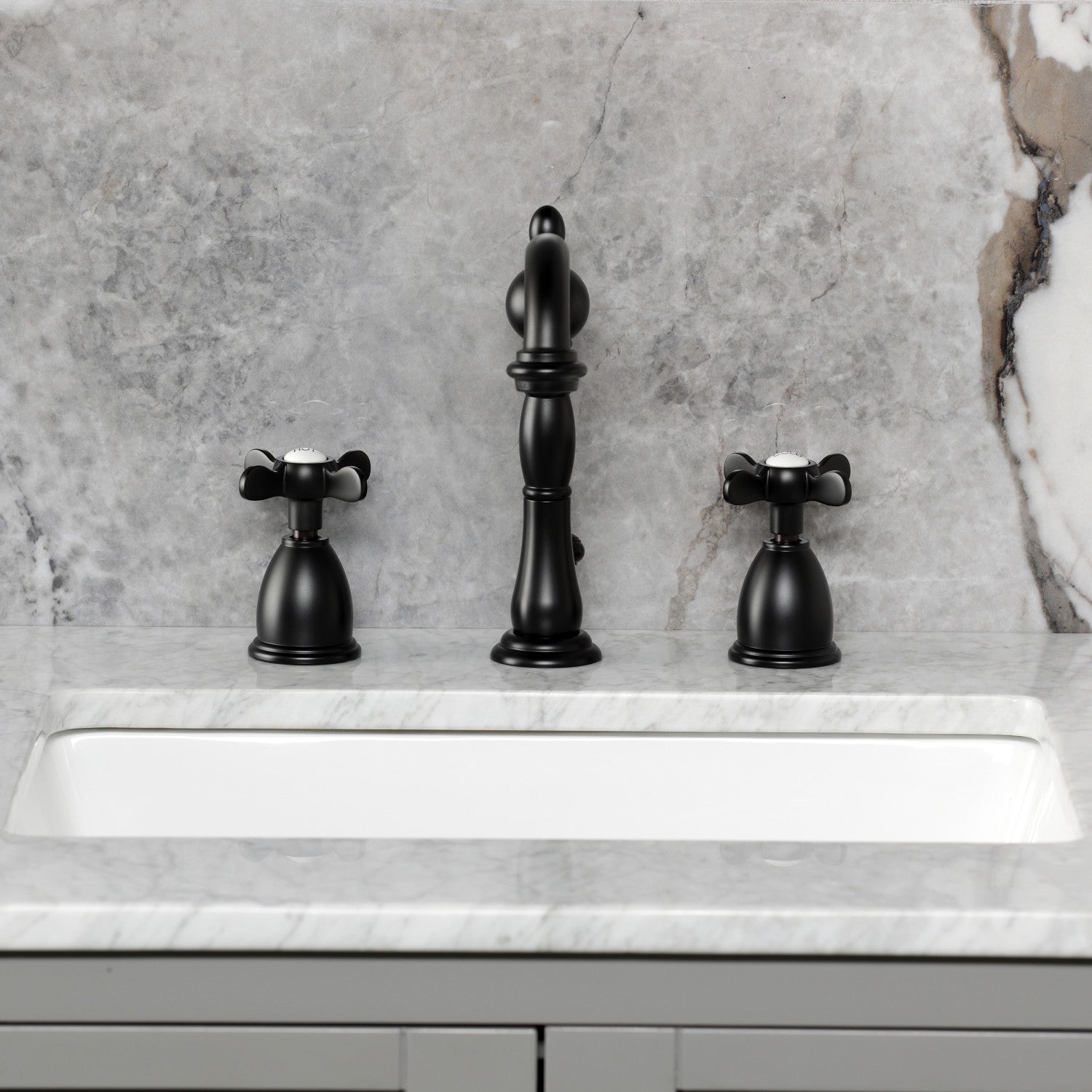 Kingston Heirloom KB1970BEX - Essex Two-Handle 3-Hole Deck Mount Widespread Bathroom Faucet with Brass Pop-Up, Matte Black — thumbnail 3